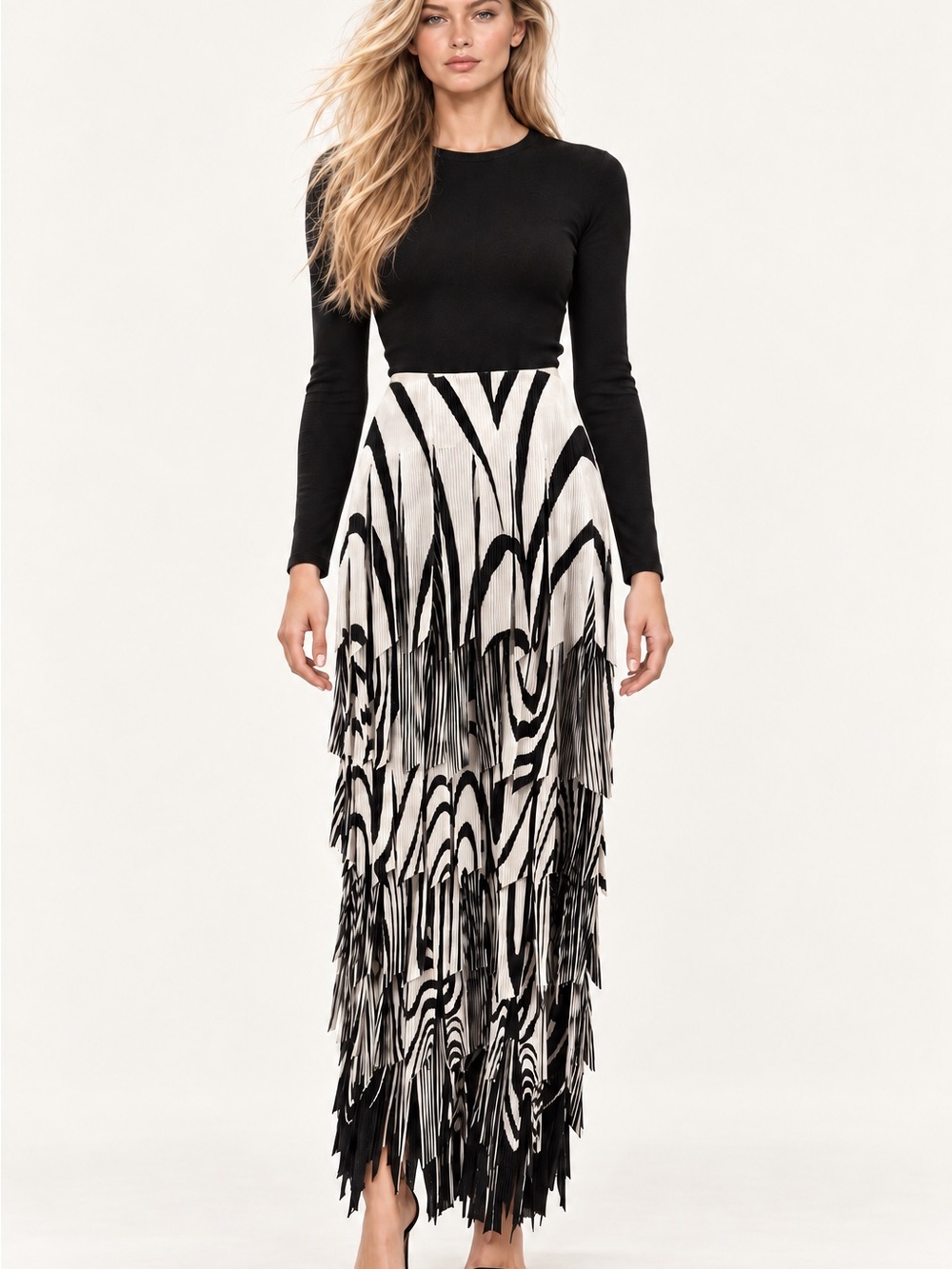 Samuel Dong Black & White Fringe Tiered Maxi Skirt